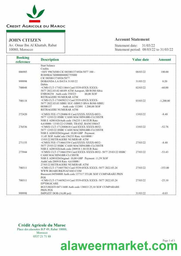 Morocco Credit Agricole bank statement Word and PDF template